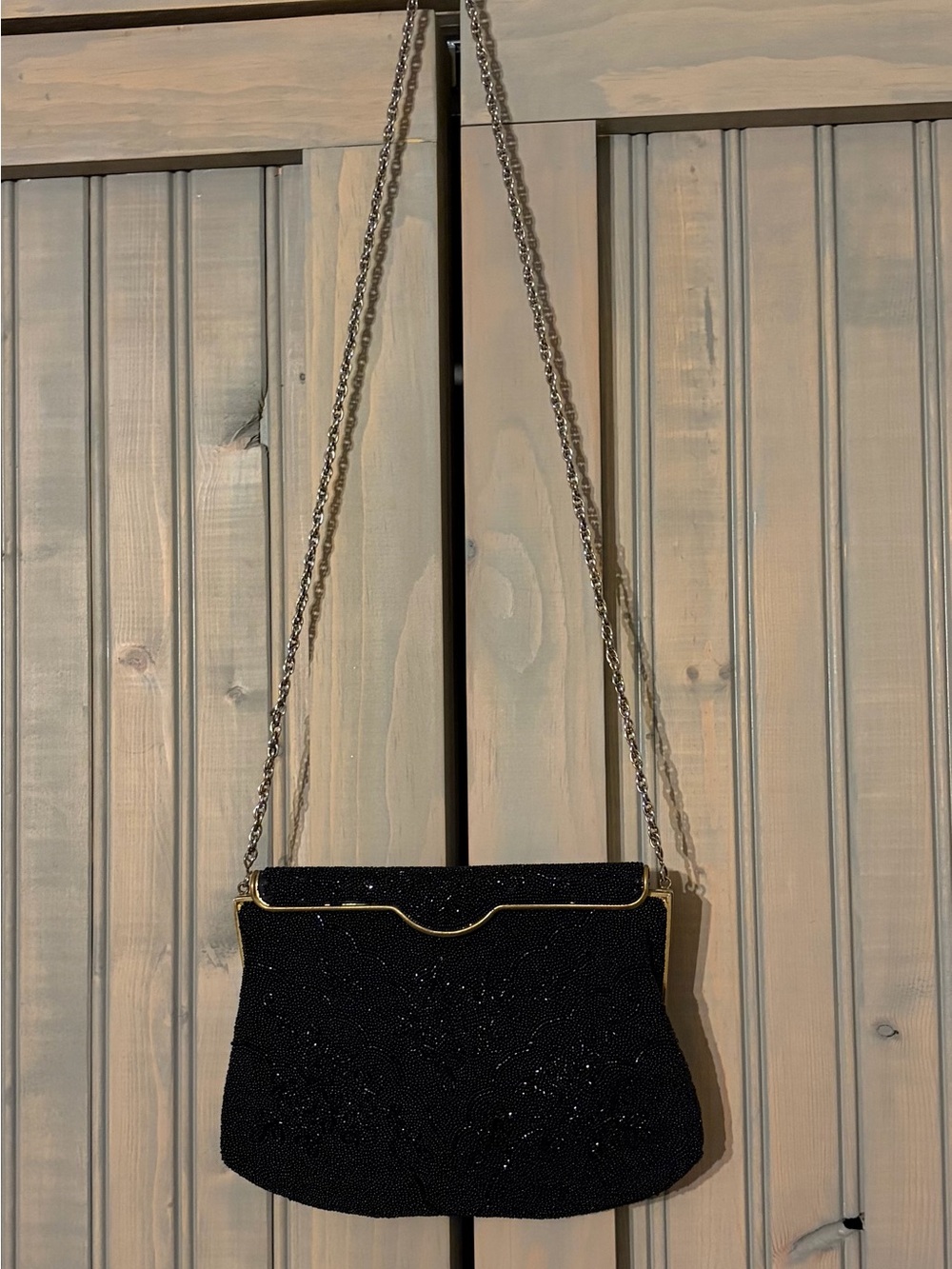 Birks Black Beaded Evening  Bag with Chain Strap